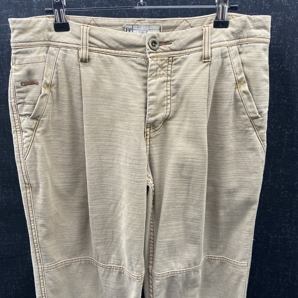 Free People Sz 26 Utility Boyfriend Pant Tapered Tan Cotton‎ Canvas Button Fly